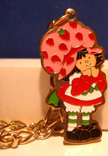 Strawberry Shortcake Jewelry - Enamel Charm with Bracelet - Hands at Chin- Mint old store stock - 1980's