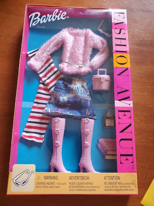 Fashion Avenue- Barbie  Fashion - Pink Sweater & Denim Skirt -  Mint in Box - 2002
